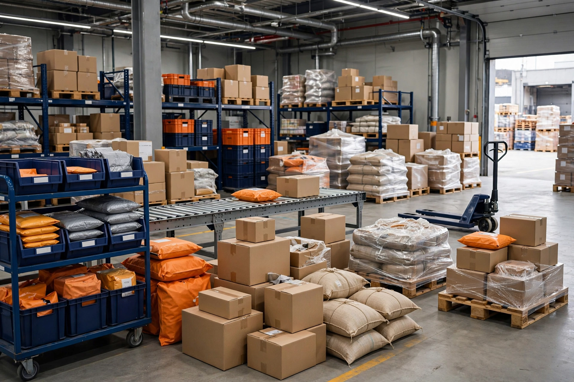 Gemischte Sendungsformate mit Kartons, Versandtaschen und verpackten Waren.